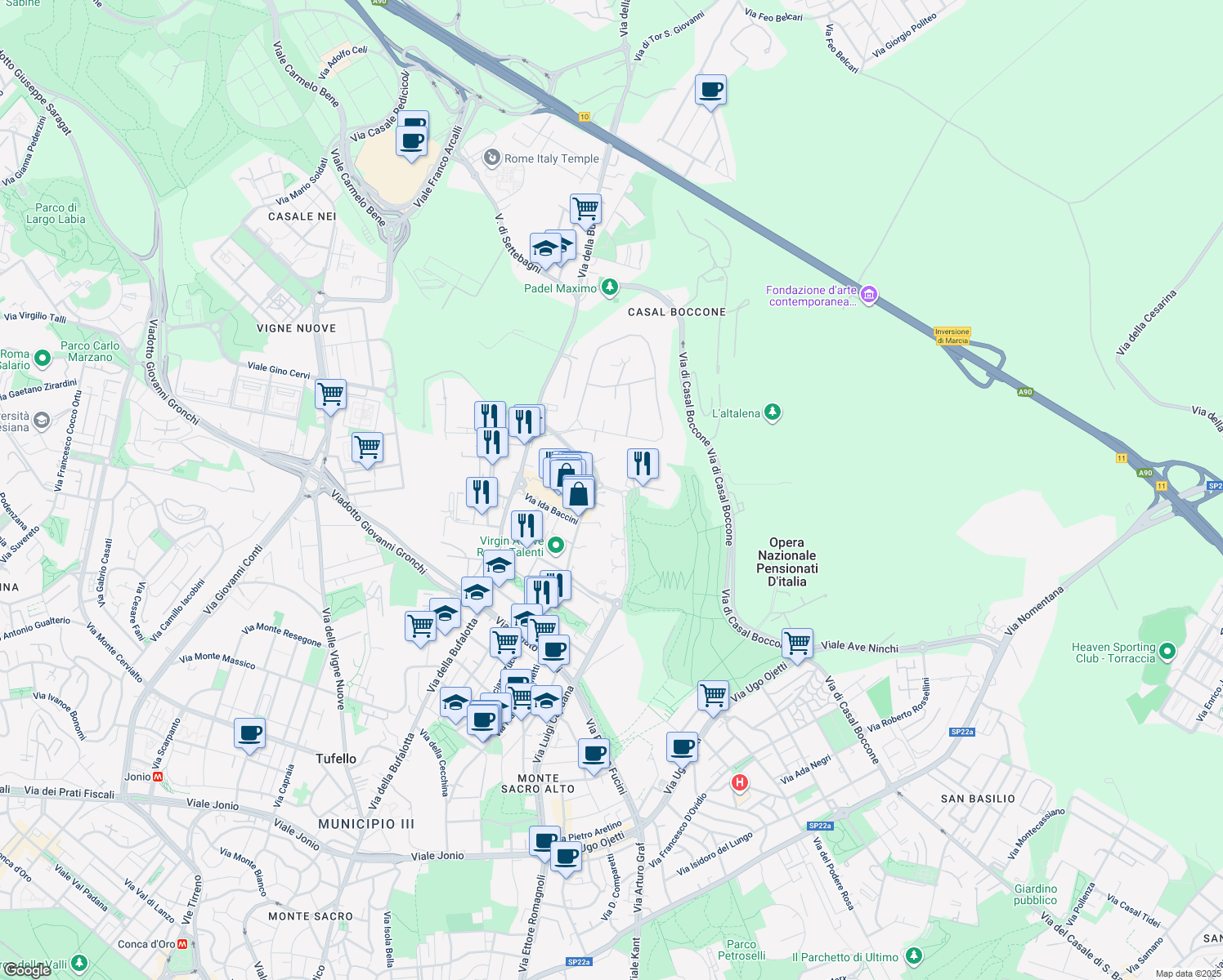 map of restaurants, bars, coffee shops, grocery stores, and more near 112-116 Via Dario Niccodemi in Roma