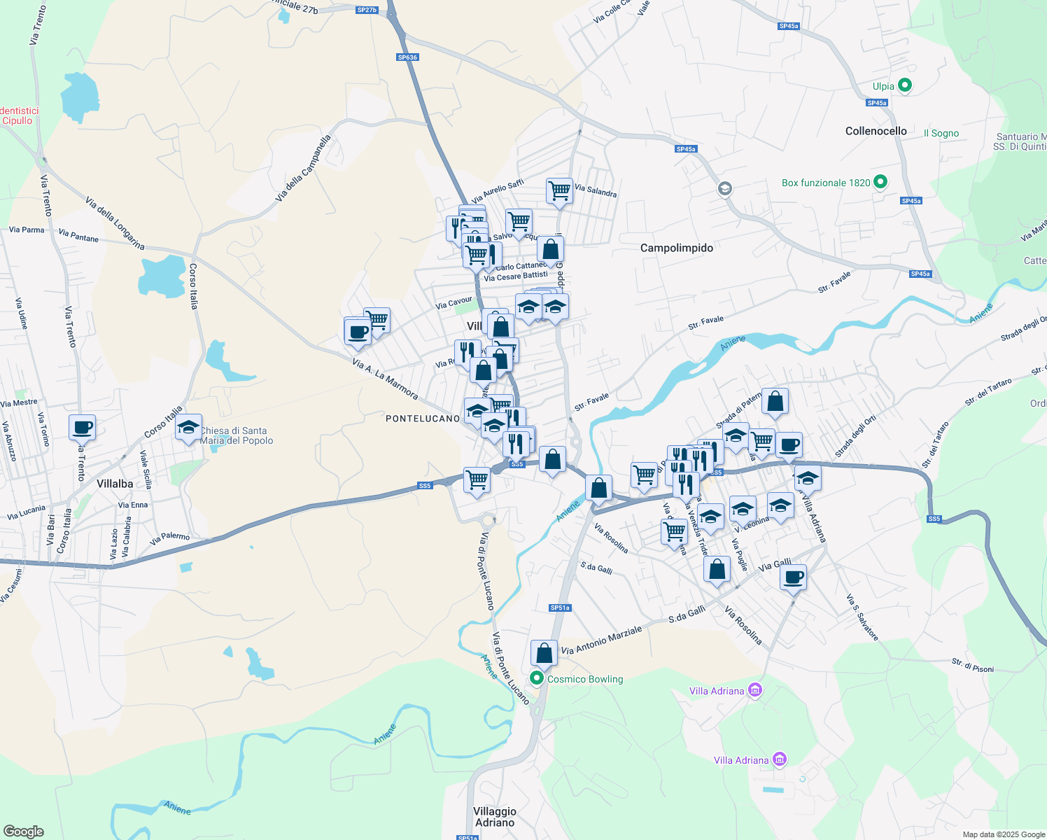 map of restaurants, bars, coffee shops, grocery stores, and more near 18 Via Giovanni Bovio in Villanova