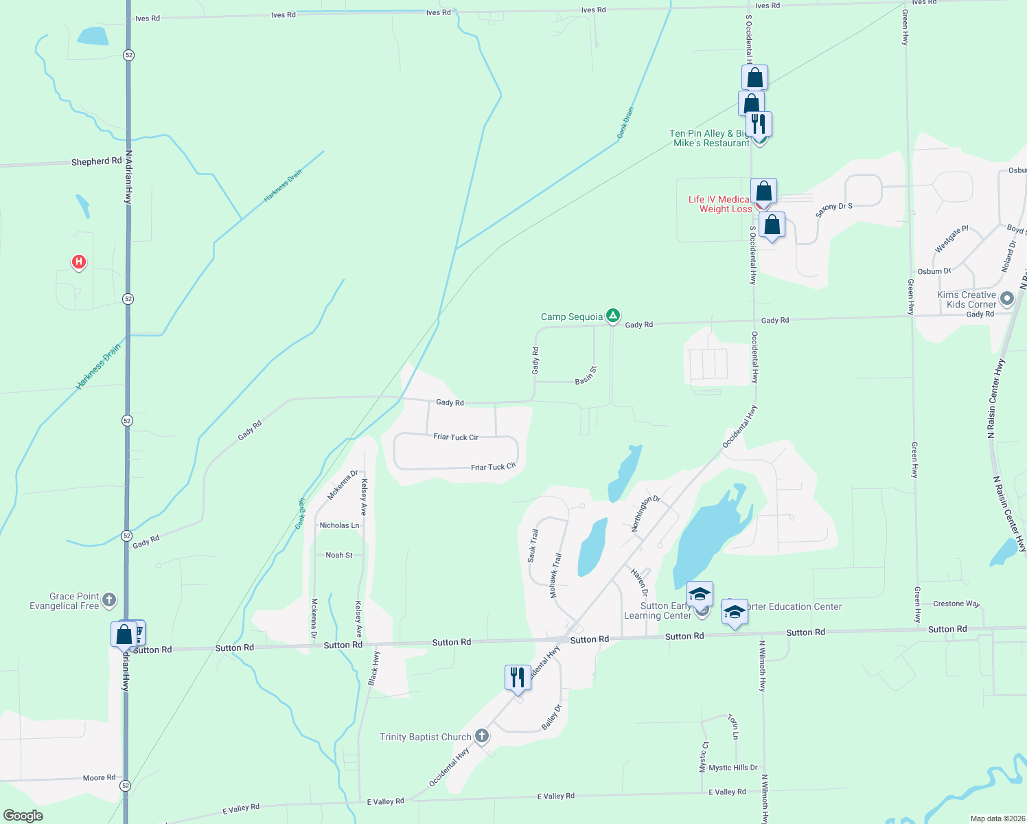 map of restaurants, bars, coffee shops, grocery stores, and more near 2147 Gady Road in Adrian