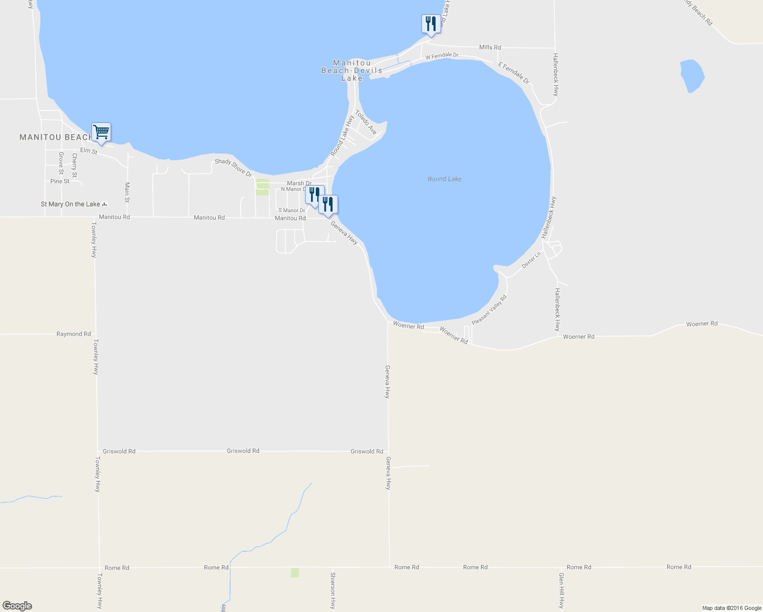map of restaurants, bars, coffee shops, grocery stores, and more near 3460 Geneva Highway in Manitou Beach-Devils Lake