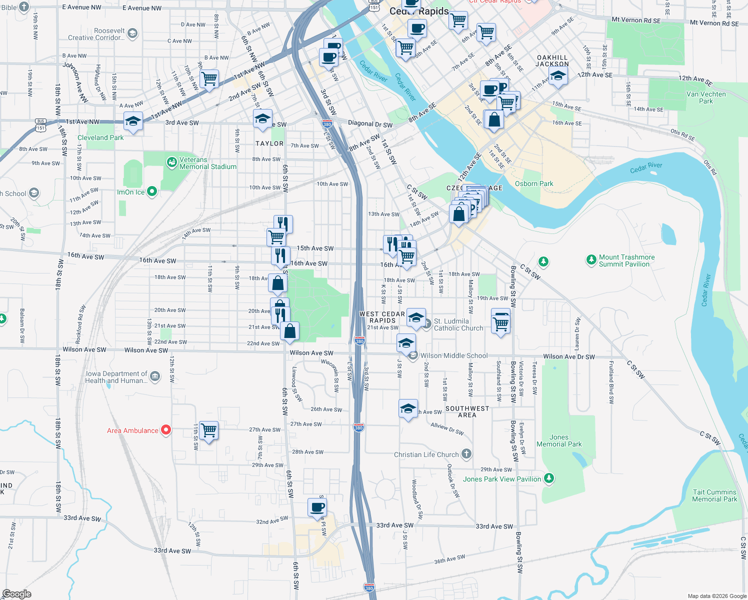 map of restaurants, bars, coffee shops, grocery stores, and more near 285 19th Ave SW in Cedar Rapids