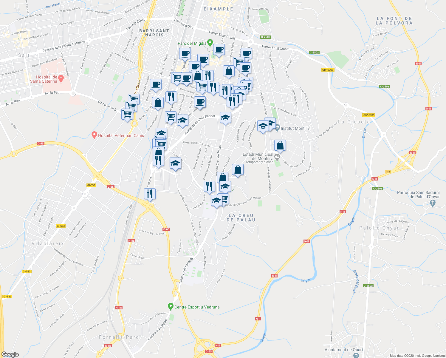 map of restaurants, bars, coffee shops, grocery stores, and more near 2 Carrer Mercè Rodoreda i Gurgui in Girona