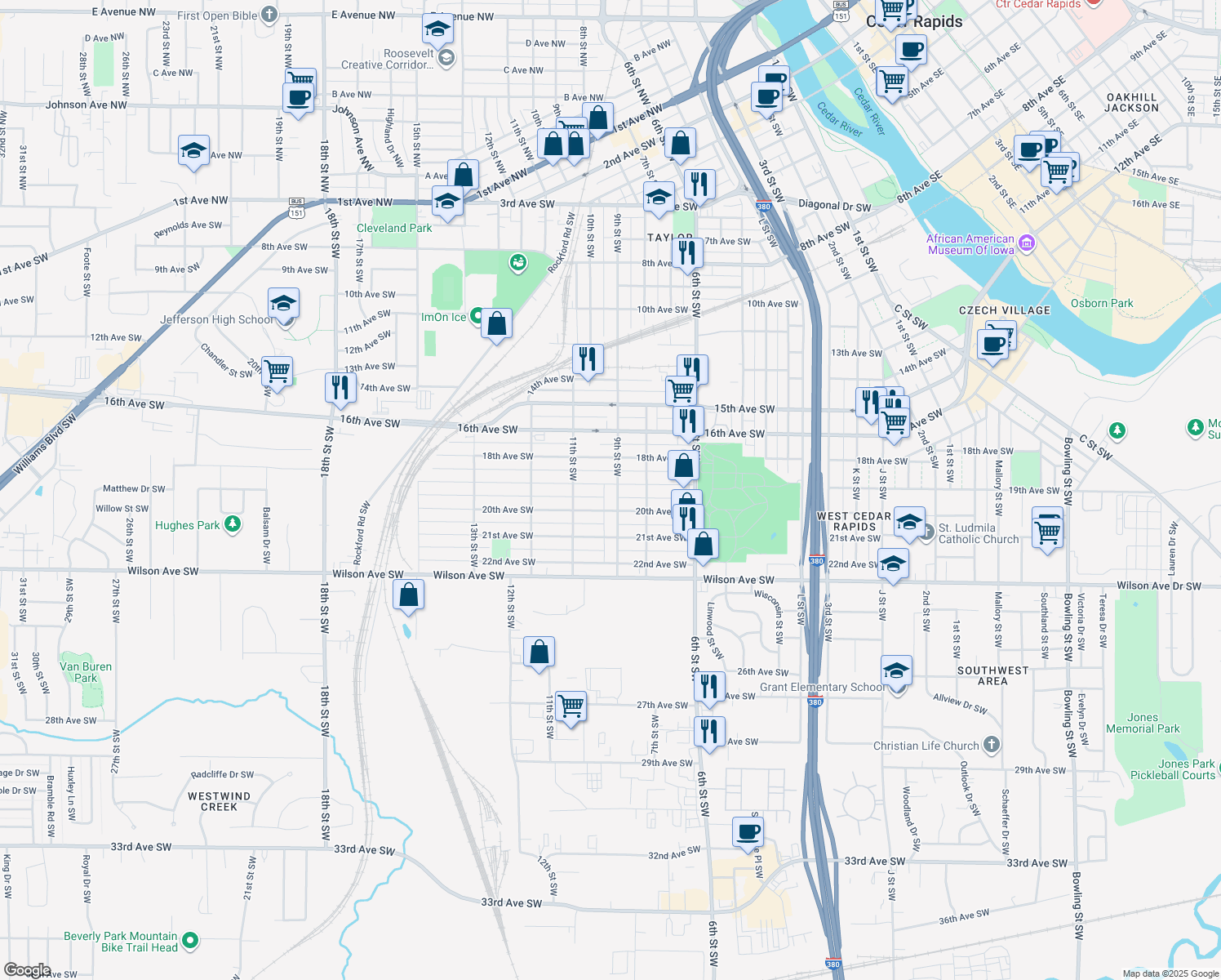 map of restaurants, bars, coffee shops, grocery stores, and more near 1900 9th Street Southwest in Cedar Rapids