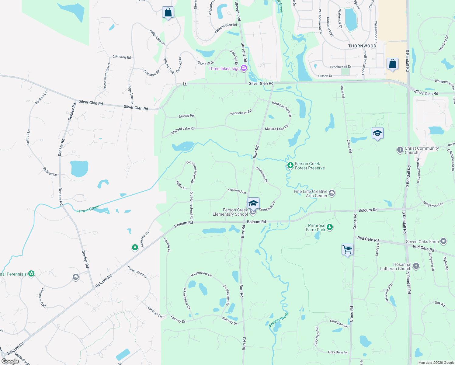 map of restaurants, bars, coffee shops, grocery stores, and more near 38W344 Burr Oak Lane in St. Charles