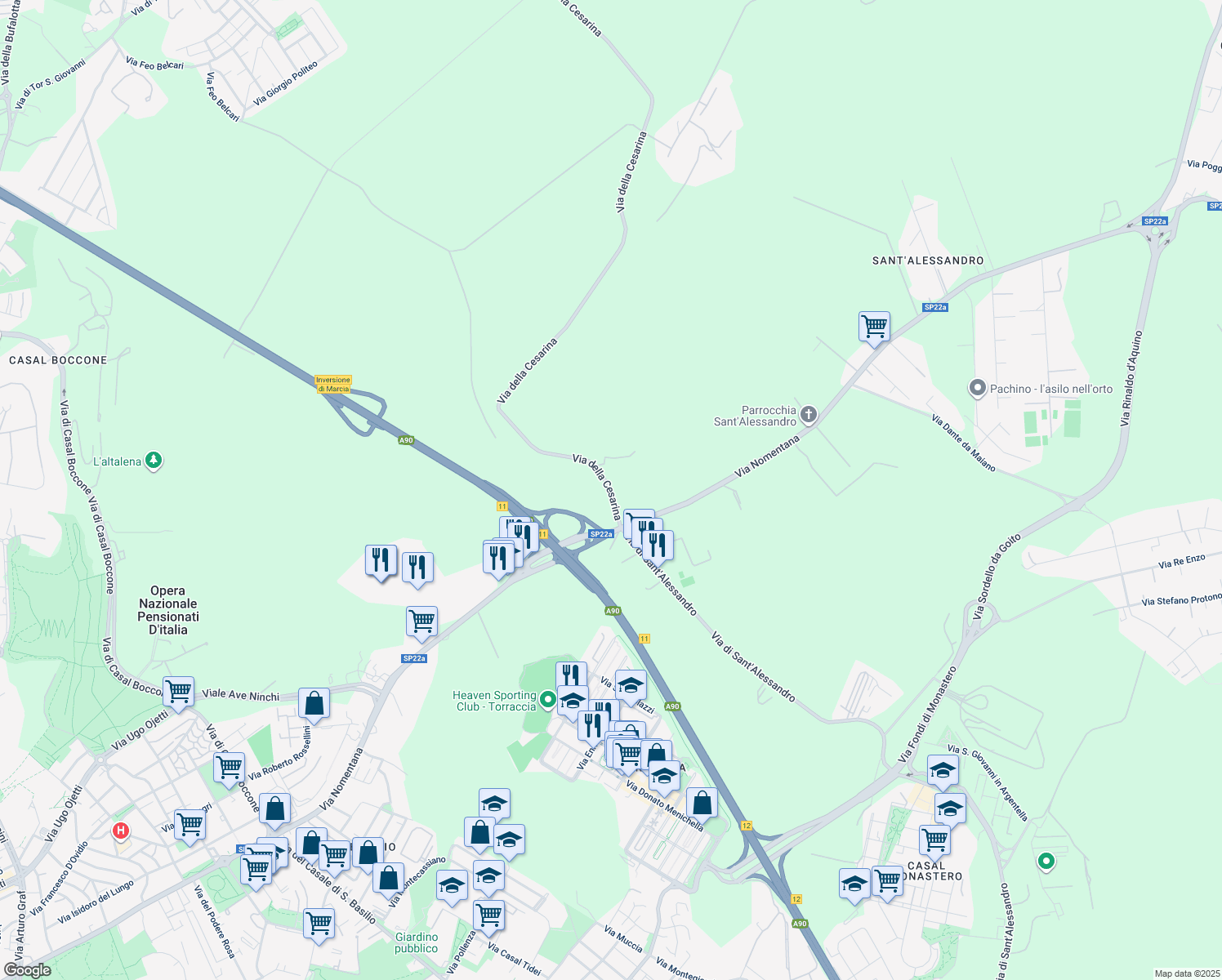 map of restaurants, bars, coffee shops, grocery stores, and more near Via della Cesarina in Rome