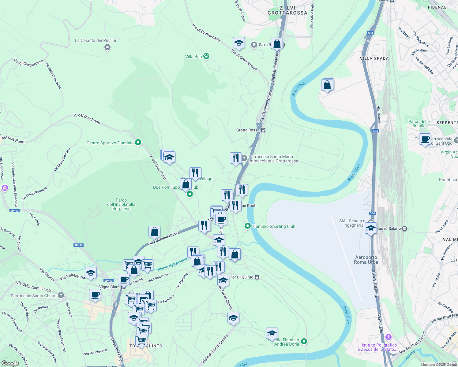map of restaurants, bars, coffee shops, grocery stores, and more near 954 Via Flaminia in Rome