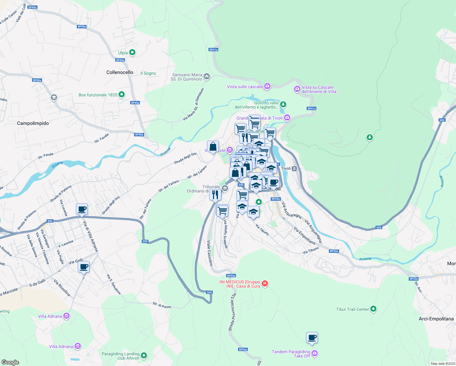 map of restaurants, bars, coffee shops, grocery stores, and more near Via Nazionale Tiburtina in Tivoli