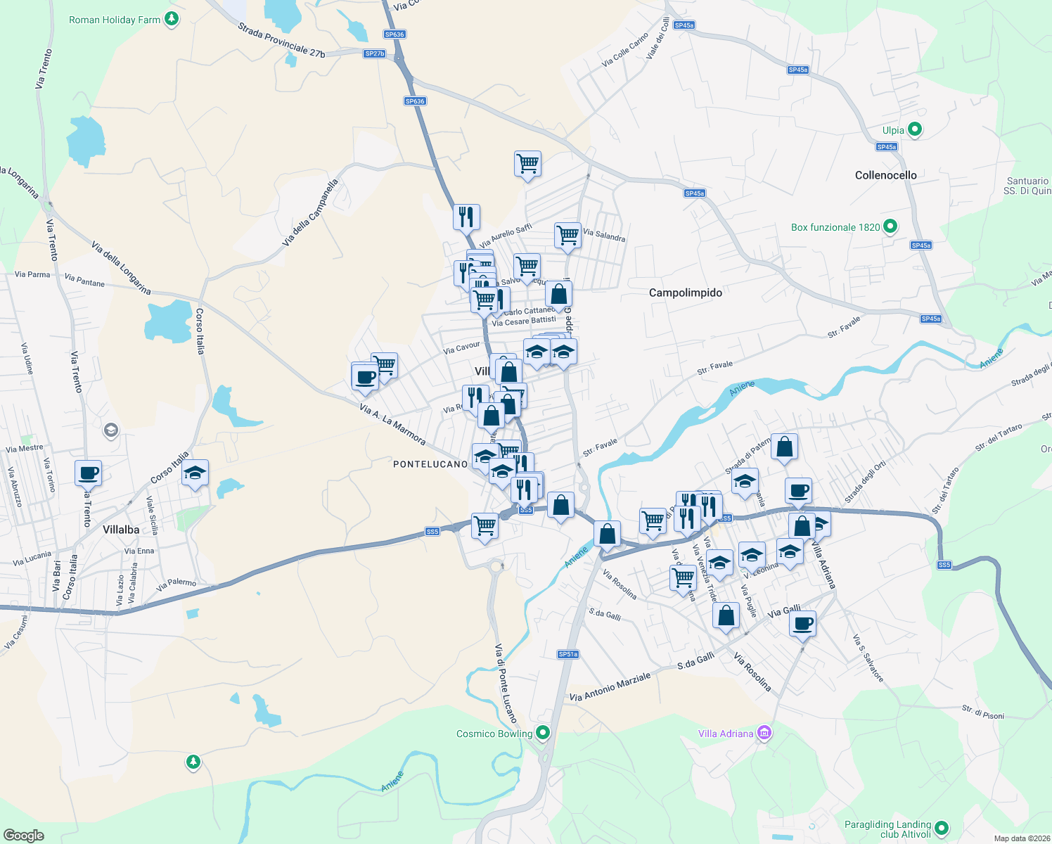 map of restaurants, bars, coffee shops, grocery stores, and more near 7 Via Daniele Manin in Villanova
