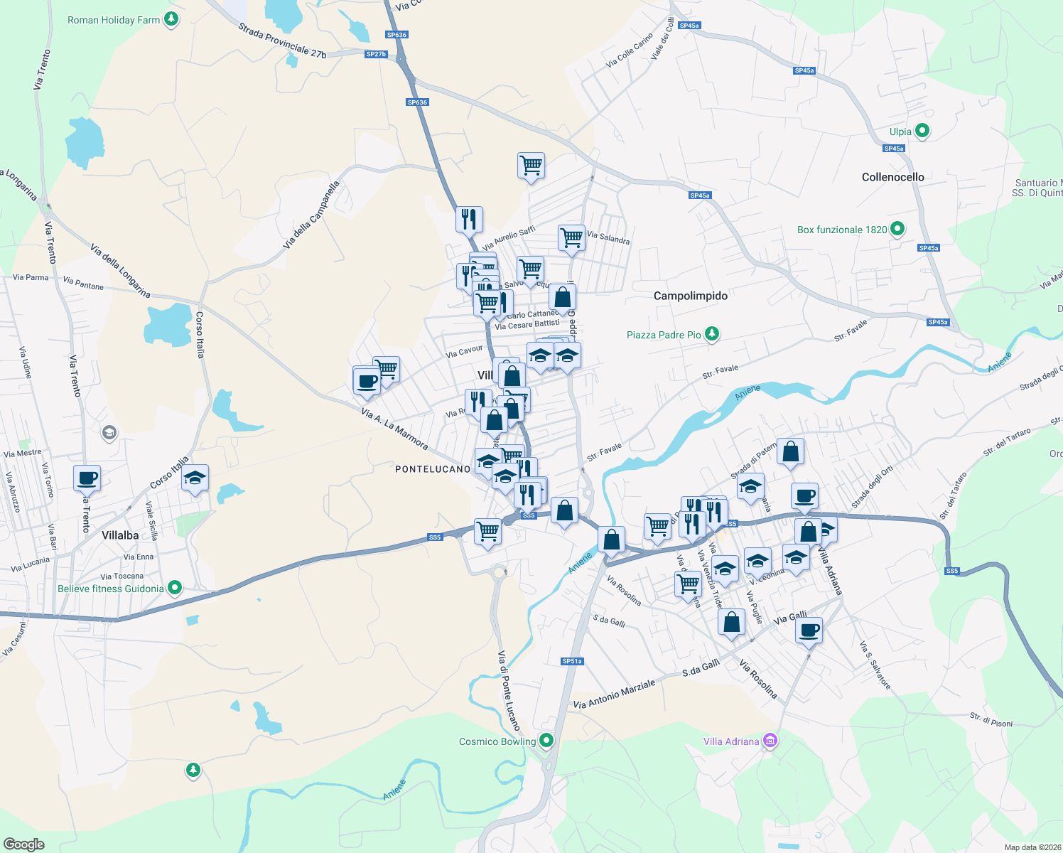 map of restaurants, bars, coffee shops, grocery stores, and more near 7 Via Daniele Manin in Villanova