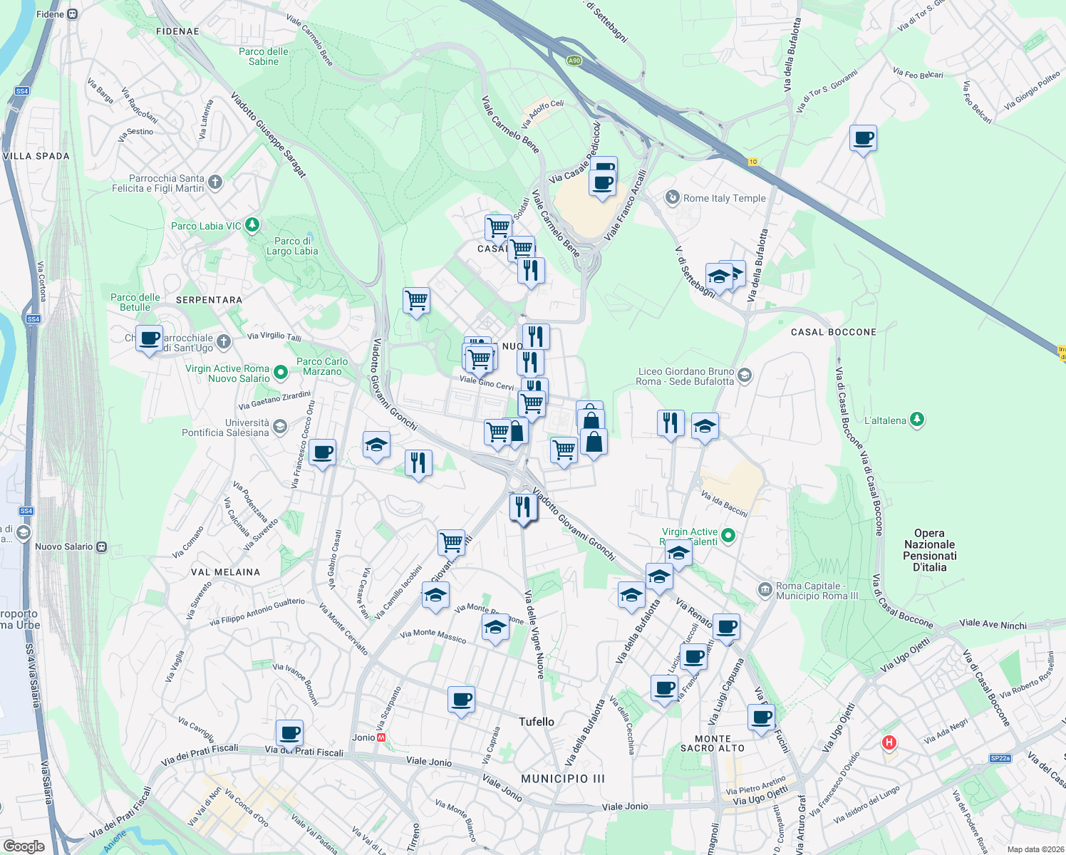 map of restaurants, bars, coffee shops, grocery stores, and more near 42 Via Augusto Genina in Roma