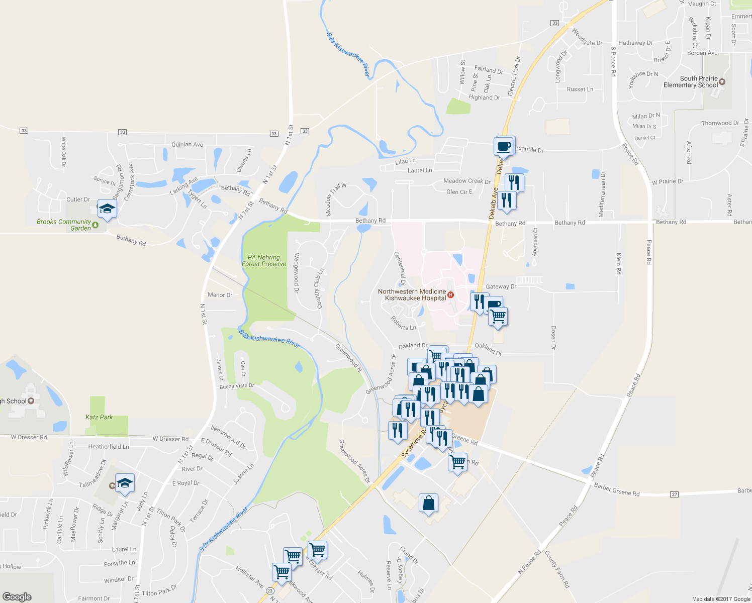 map of restaurants, bars, coffee shops, grocery stores, and more near 2742 Greenwood Acres Drive in DeKalb