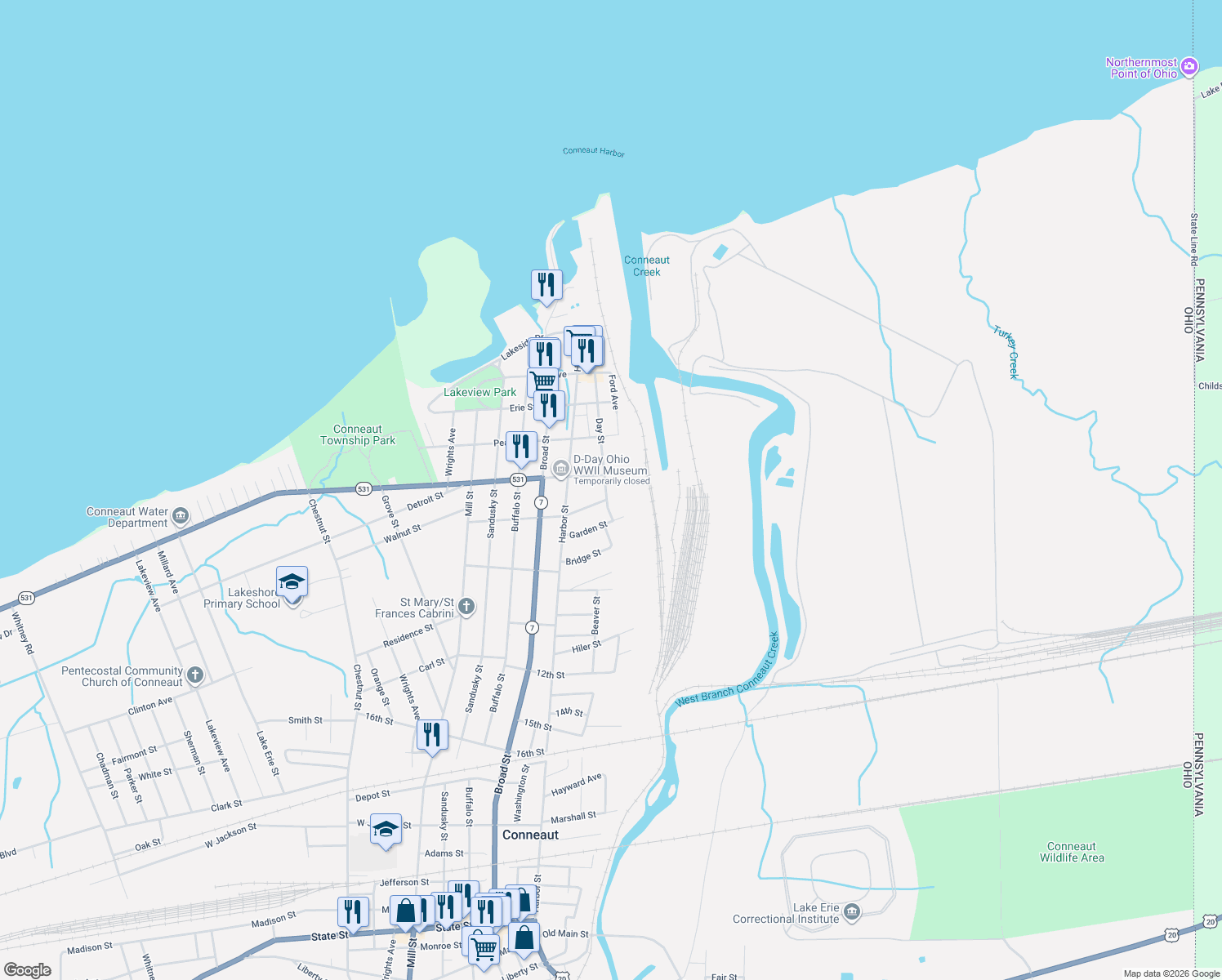 map of restaurants, bars, coffee shops, grocery stores, and more near 838 Day St in Conneaut
