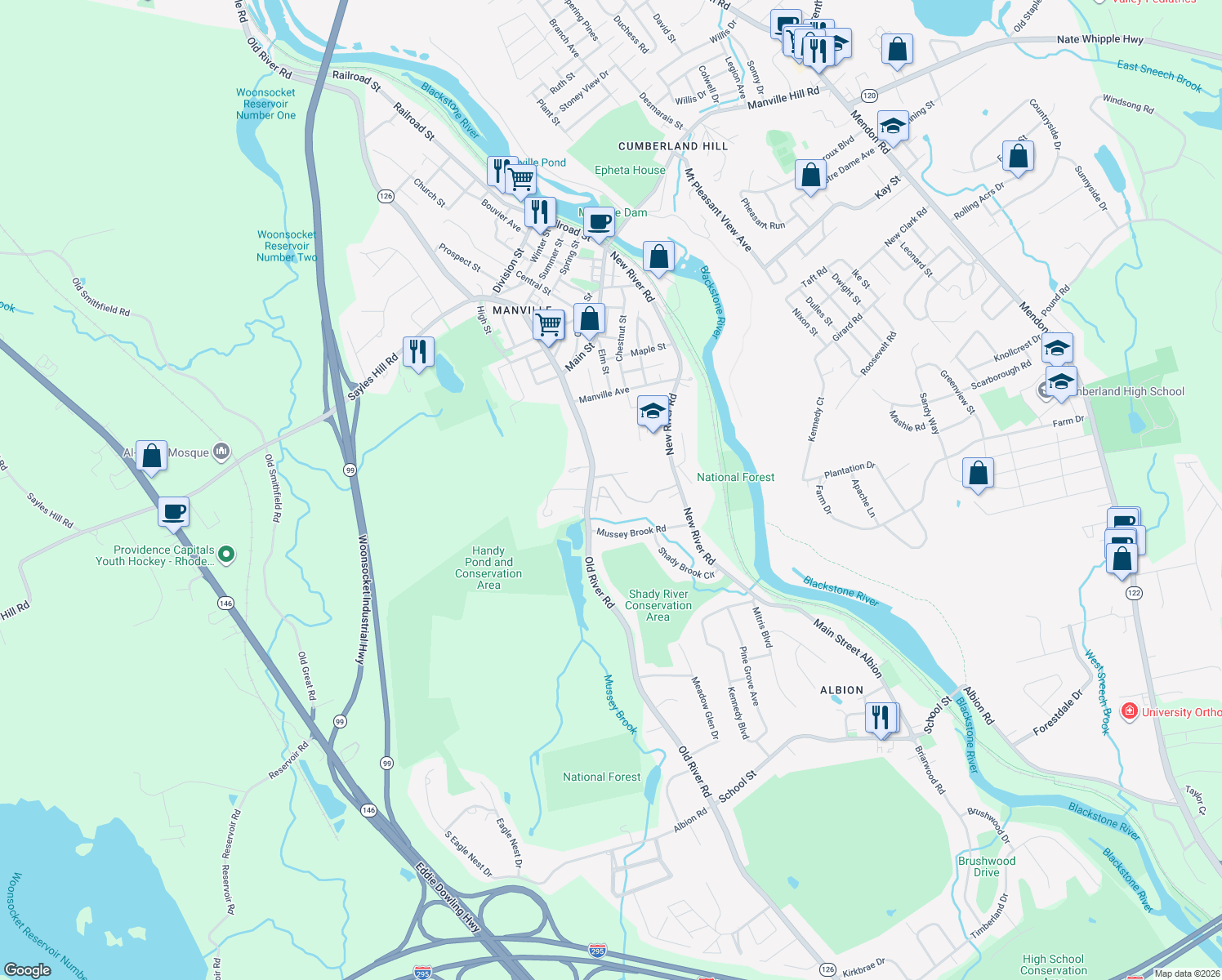 map of restaurants, bars, coffee shops, grocery stores, and more near 17 Old River Road in Lincoln