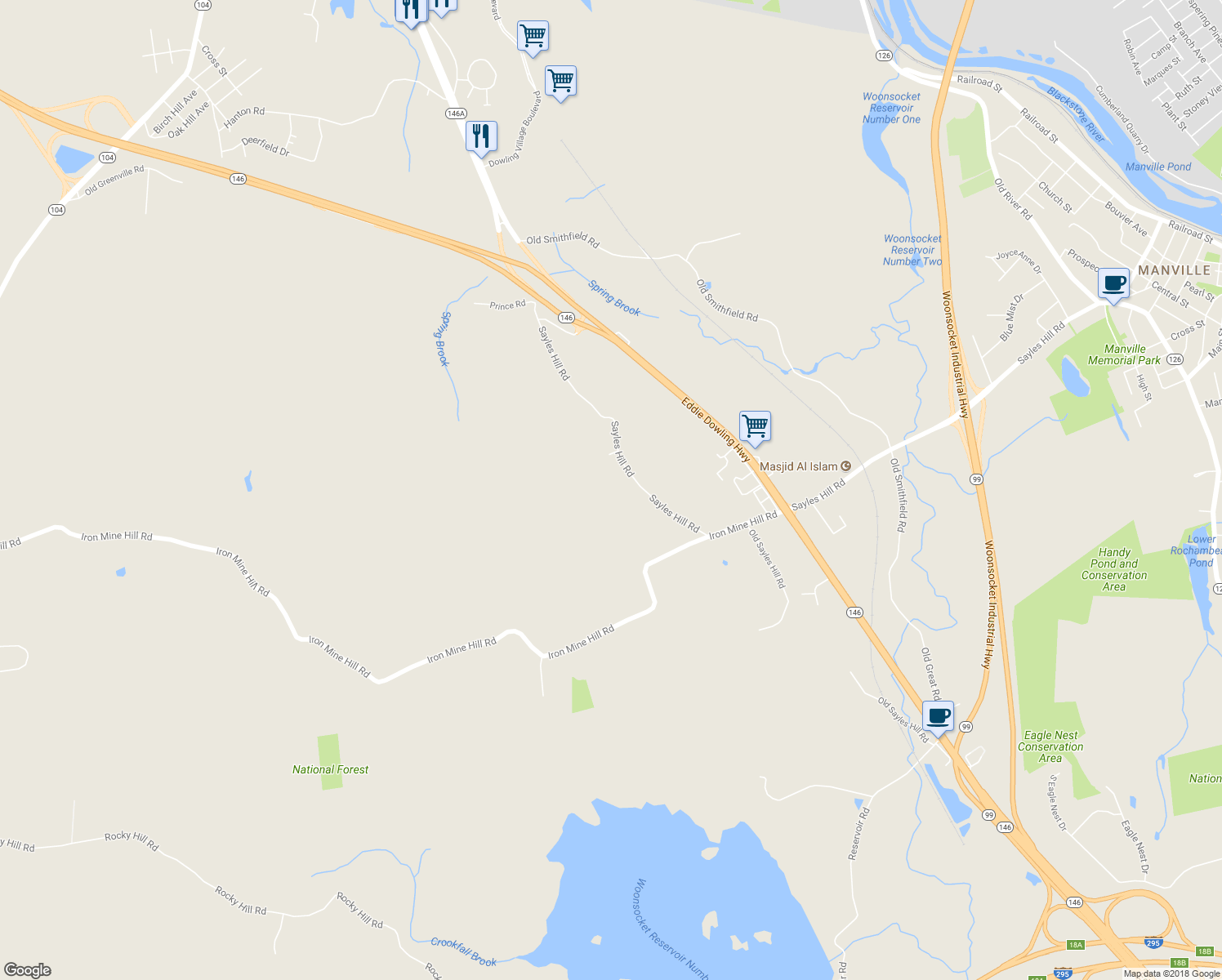 map of restaurants, bars, coffee shops, grocery stores, and more near 16 Saint Jude in North Smithfield