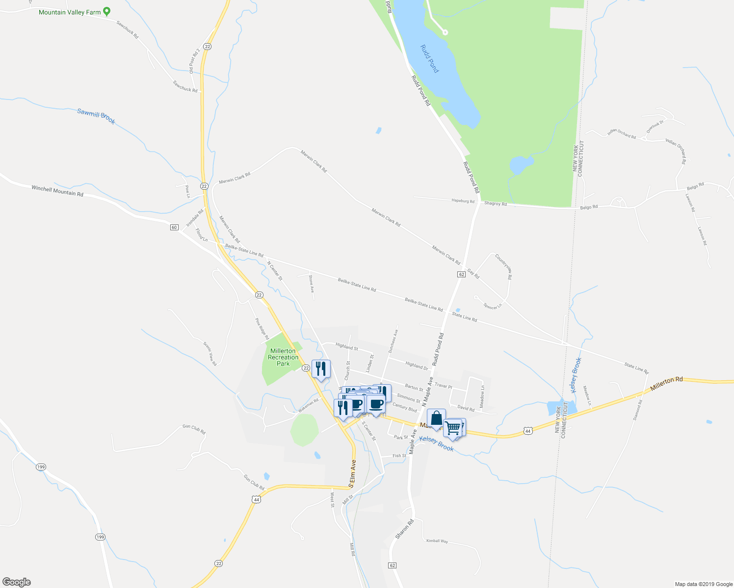 map of restaurants, bars, coffee shops, grocery stores, and more near 144 Beilke-State Line Road in Millerton