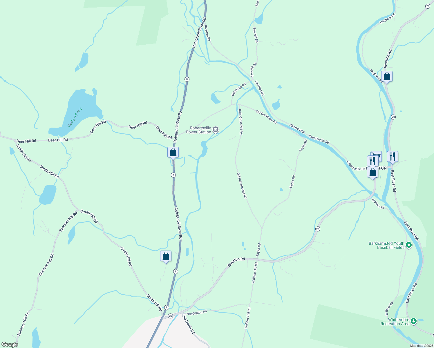 map of restaurants, bars, coffee shops, grocery stores, and more near 134 Old Robertsville Road in Winsted