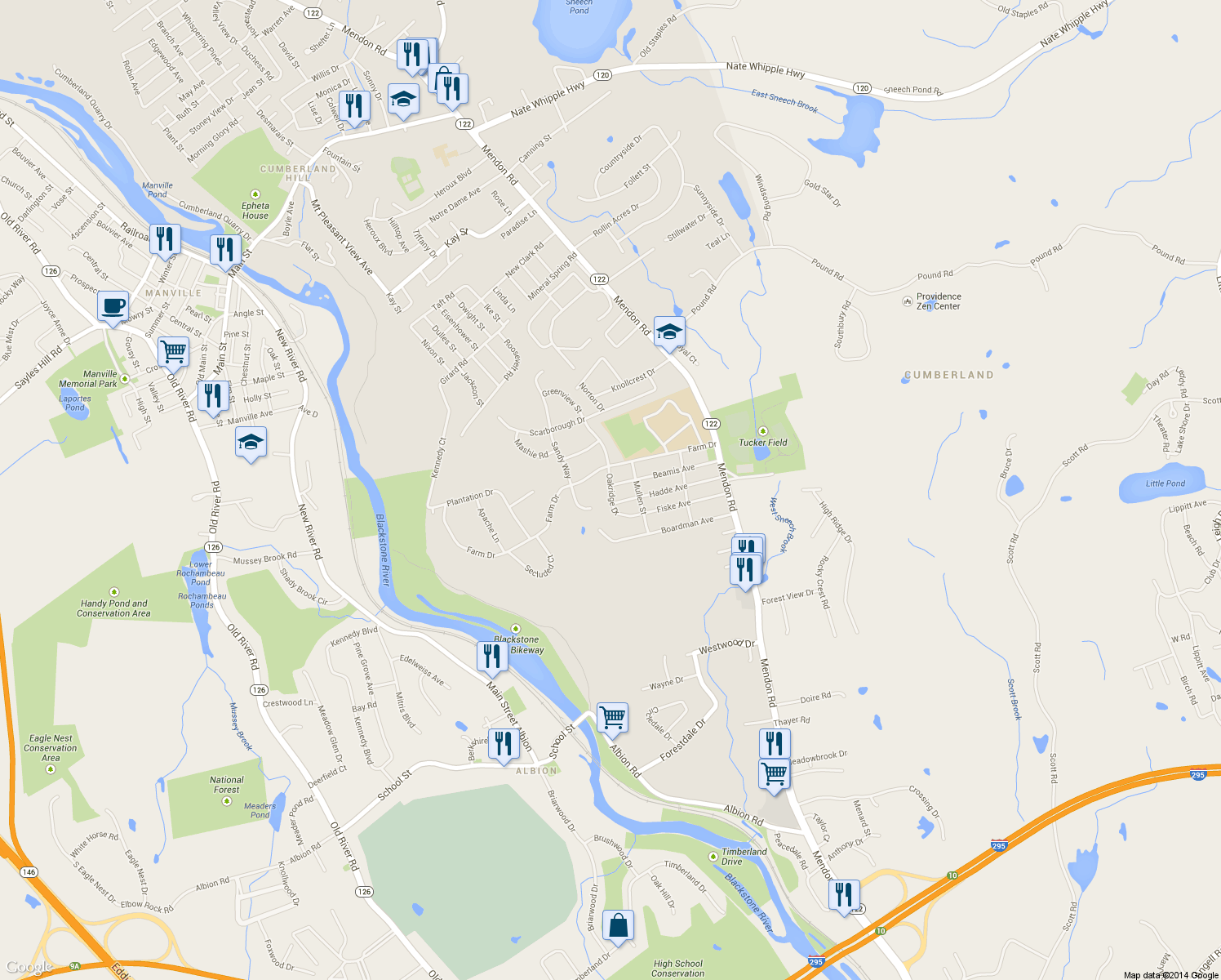 map of restaurants, bars, coffee shops, grocery stores, and more near 9 Oakridge Drive in Cumberland