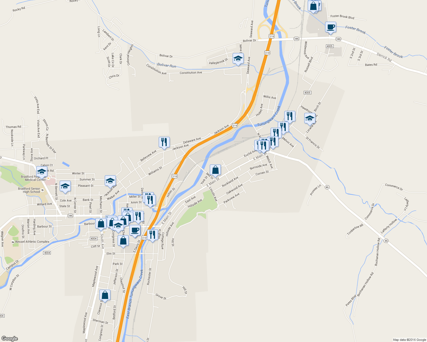 map of restaurants, bars, coffee shops, grocery stores, and more near Homestead Avenue in Bradford