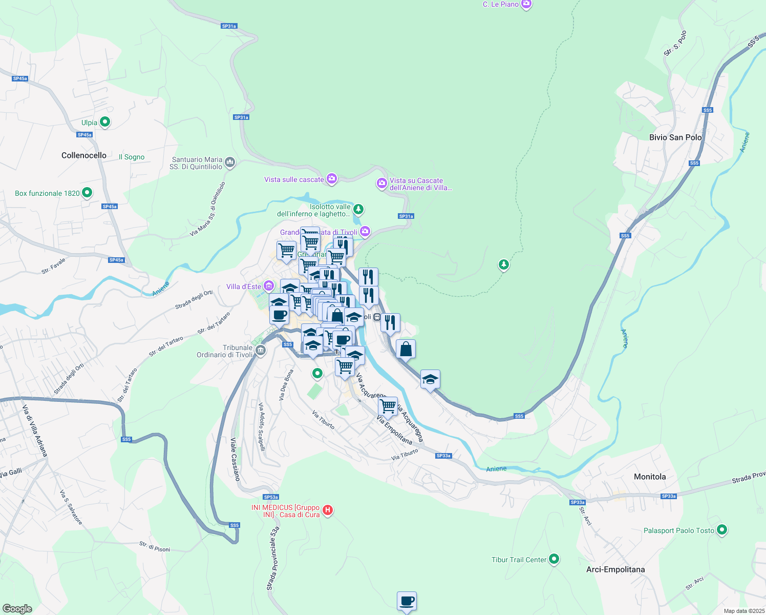 map of restaurants, bars, coffee shops, grocery stores, and more near 23 Via Valeria in Tivoli
