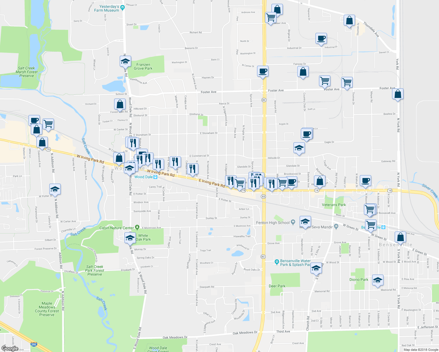 map of restaurants, bars, coffee shops, grocery stores, and more near 259 Ash Avenue in Wood Dale