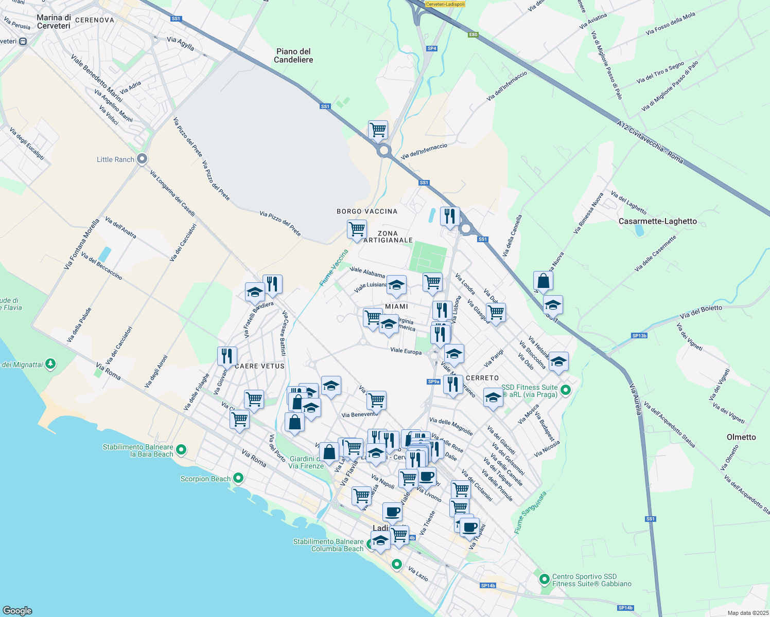 map of restaurants, bars, coffee shops, grocery stores, and more near 31 Viale Florida in Ladispoli