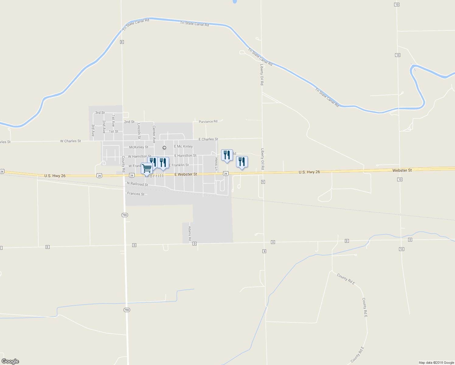 map of restaurants, bars, coffee shops, grocery stores, and more near 30122 Willow Avenue in Morrill