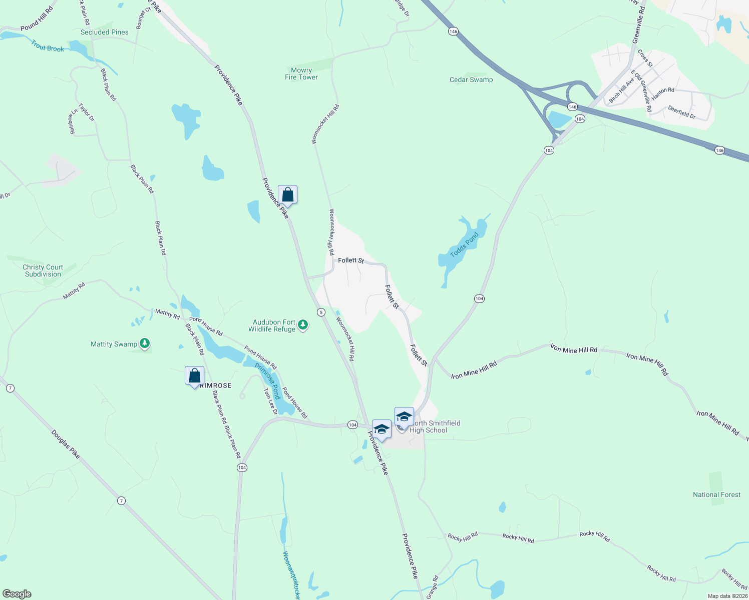 map of restaurants, bars, coffee shops, grocery stores, and more near 10 Sky View Rd in North Smithfield