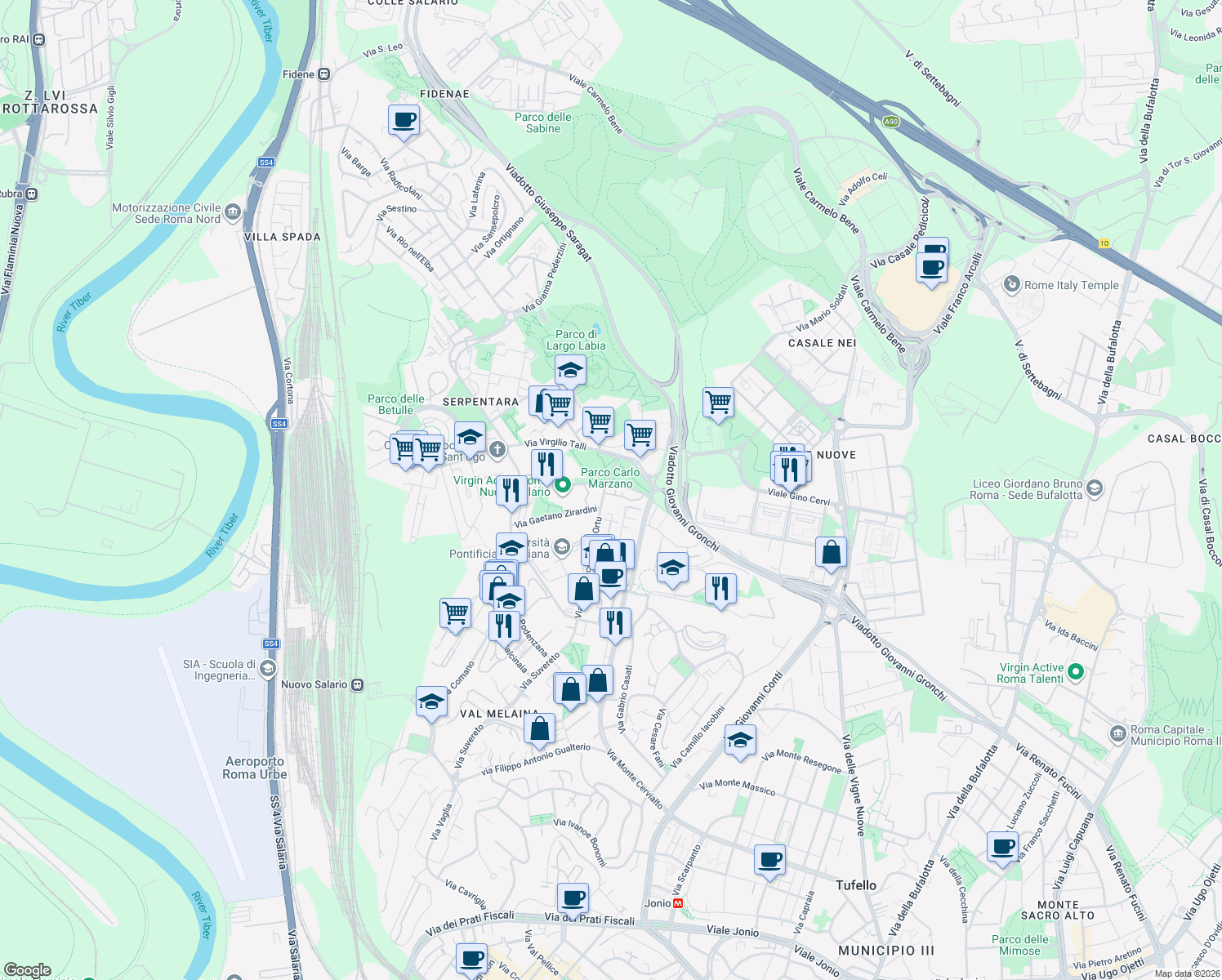 map of restaurants, bars, coffee shops, grocery stores, and more near 118-120 Via Francesco Cocco Ortu in Rome