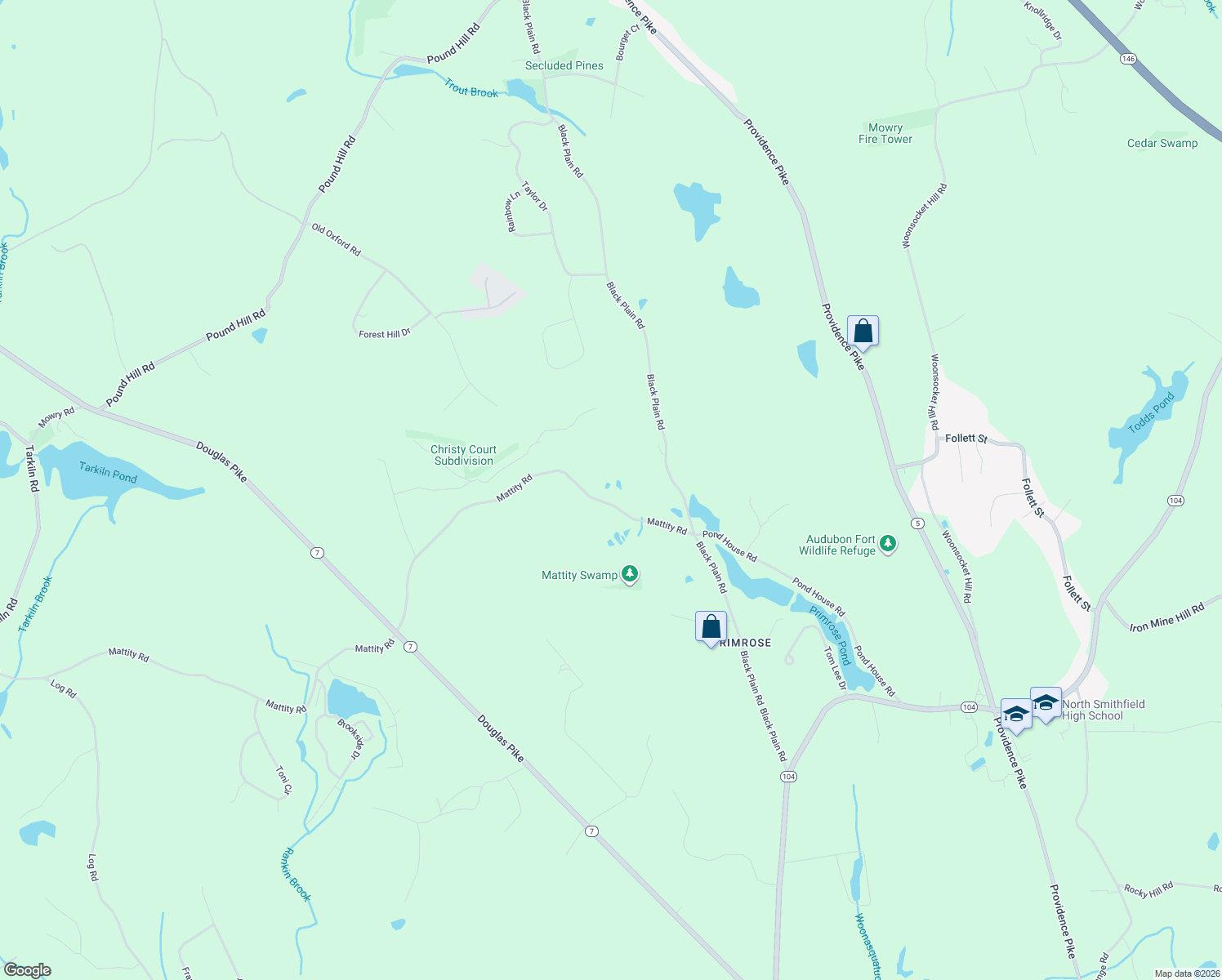 map of restaurants, bars, coffee shops, grocery stores, and more near 57 Mattity Road in North Smithfield