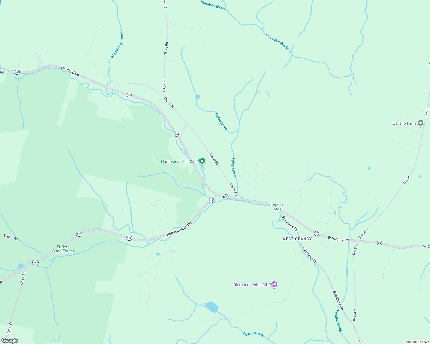 map of restaurants, bars, coffee shops, grocery stores, and more near 31 Higley Road in Granby