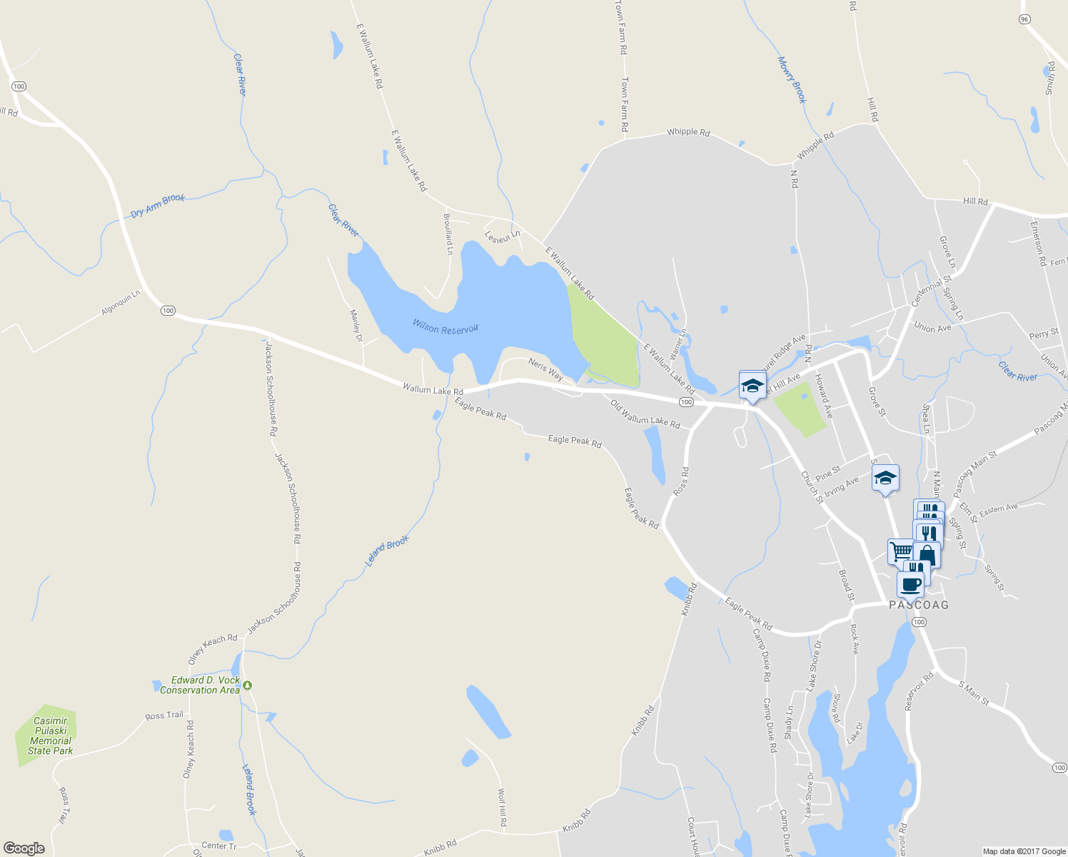 map of restaurants, bars, coffee shops, grocery stores, and more near 695 Eagle Peak Road in Burrillville