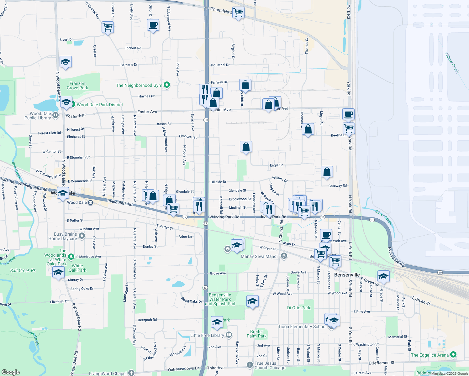 map of restaurants, bars, coffee shops, grocery stores, and more near 1007 Glendale St in Bensenville