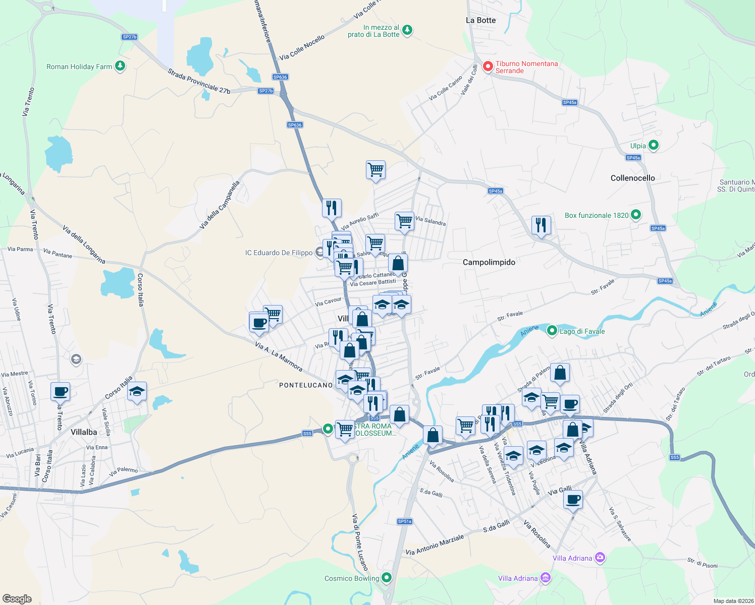 map of restaurants, bars, coffee shops, grocery stores, and more near 31 Via Nazario Sauro in Villanova