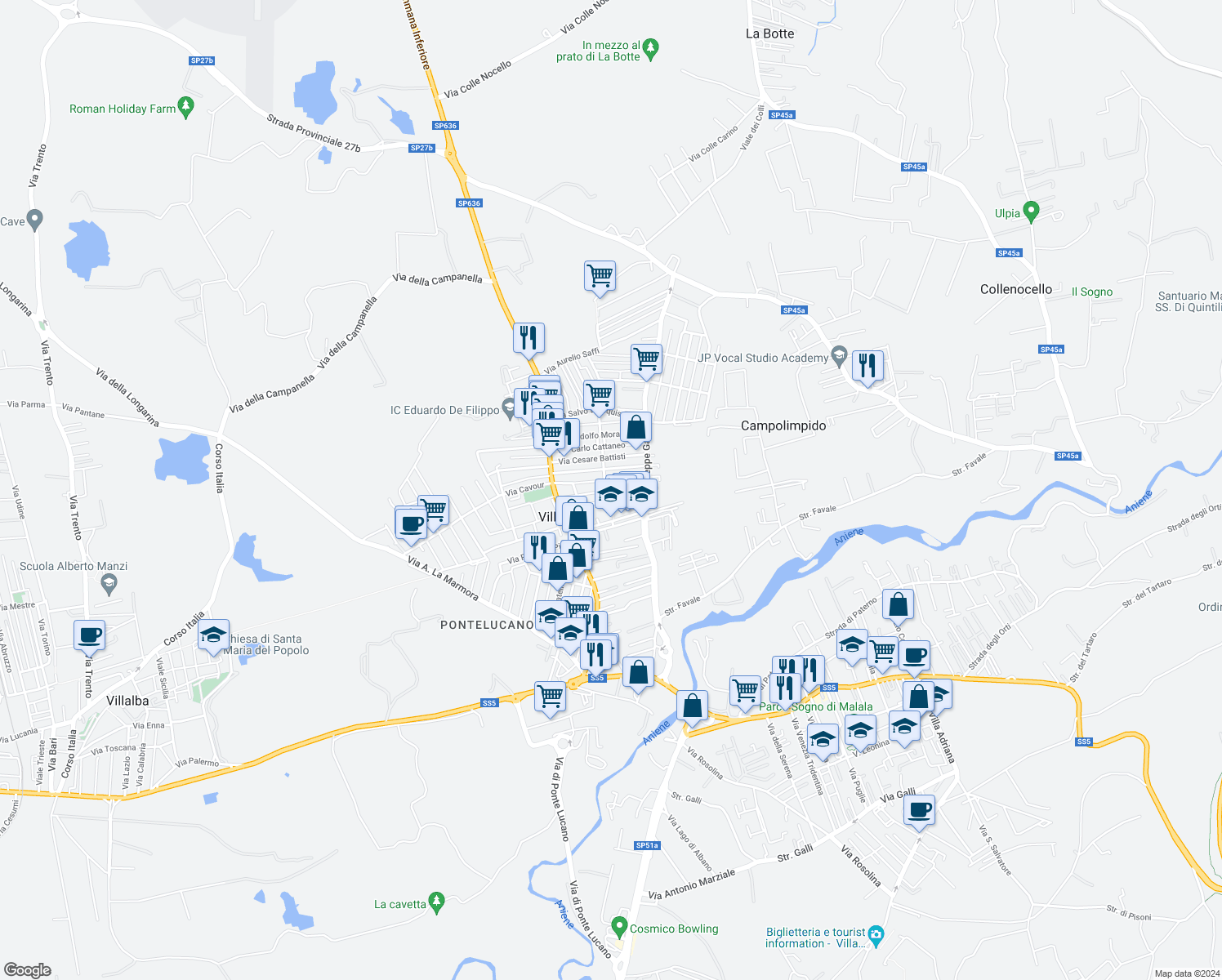 map of restaurants, bars, coffee shops, grocery stores, and more near 33 Via Nazario Sauro in Villanova