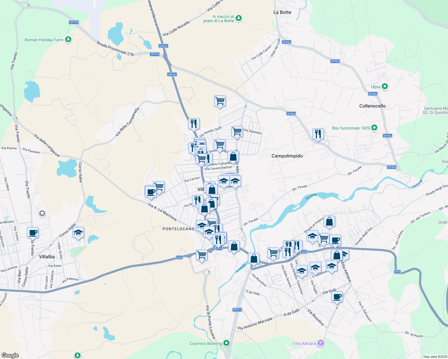 map of restaurants, bars, coffee shops, grocery stores, and more near 33 Via Nazario Sauro in Villanova