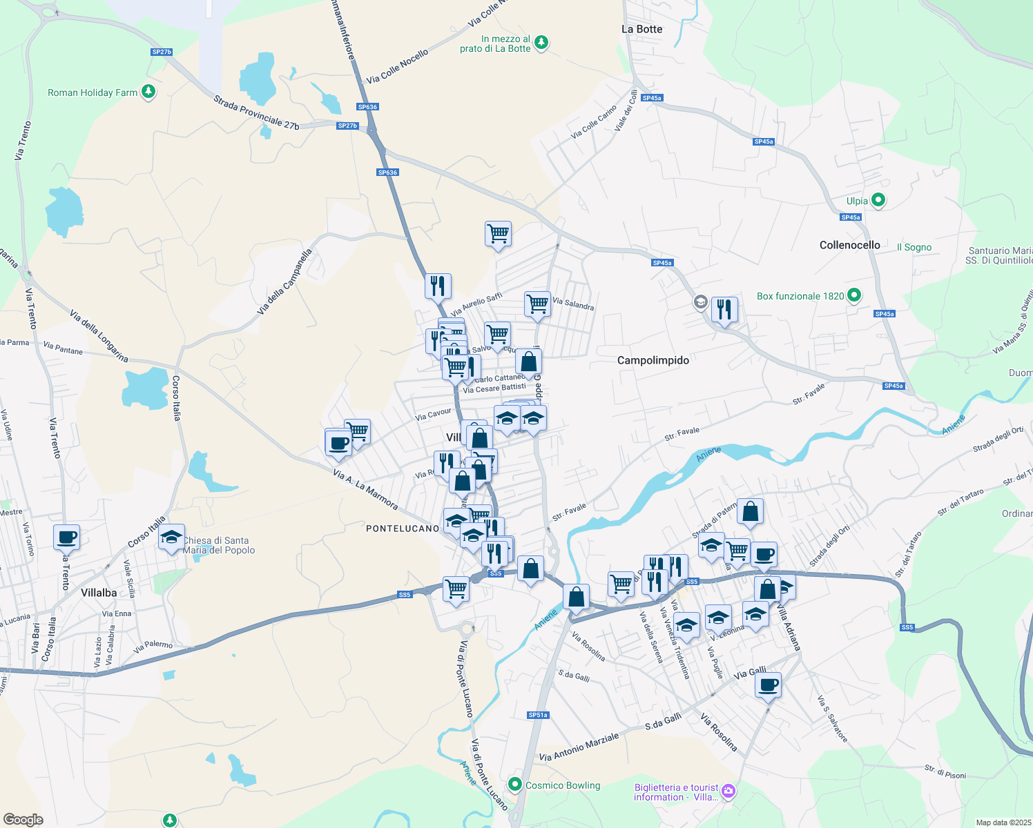 map of restaurants, bars, coffee shops, grocery stores, and more near 33 Via Nazario Sauro in Villanova