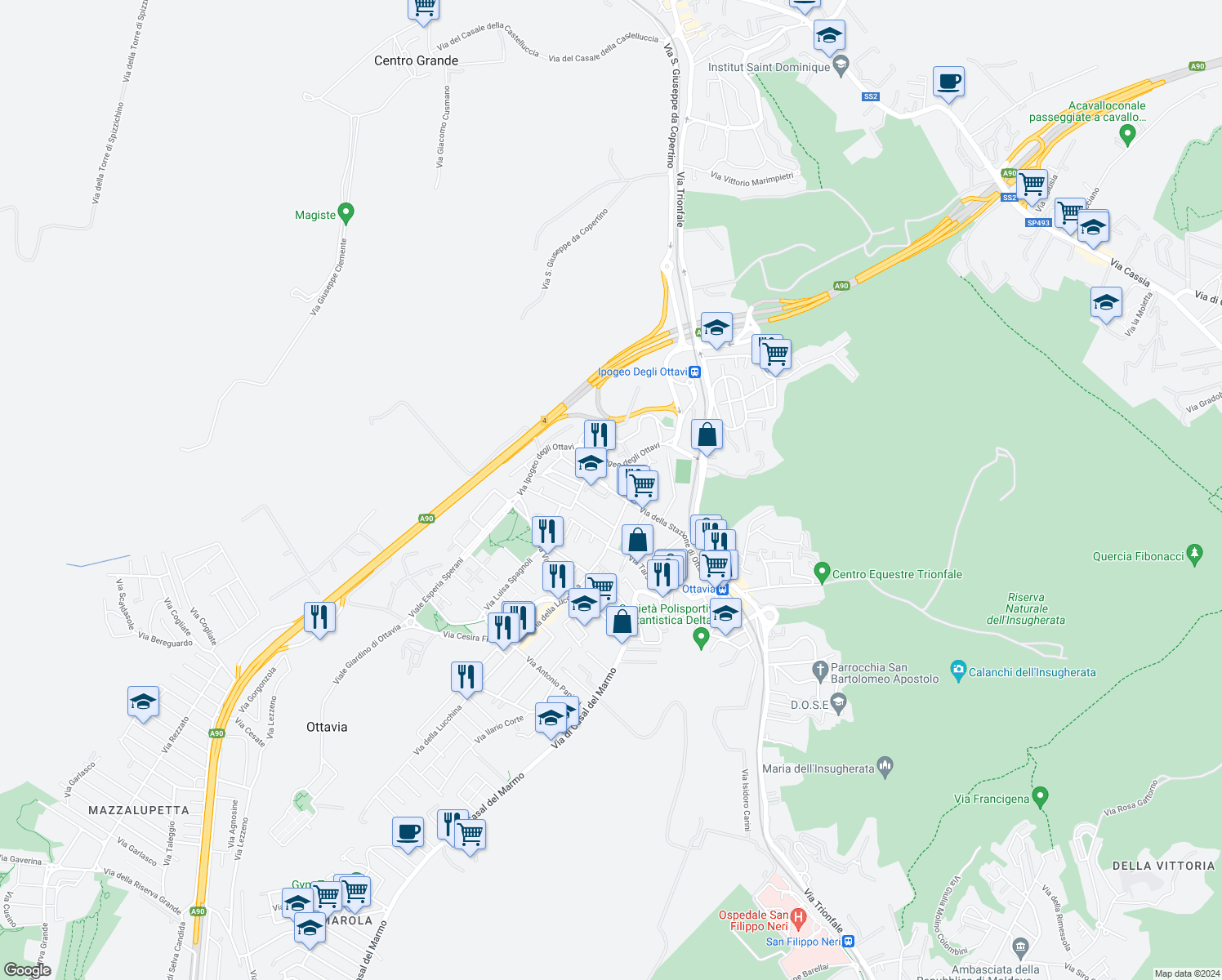 map of restaurants, bars, coffee shops, grocery stores, and more near 107 Via della Stazione di Ottavia in Roma