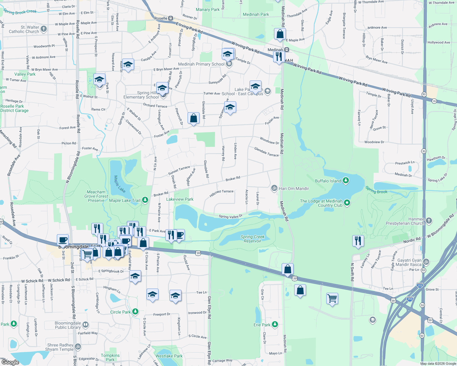 map of restaurants, bars, coffee shops, grocery stores, and more near 22W305 Broker Road in Medinah