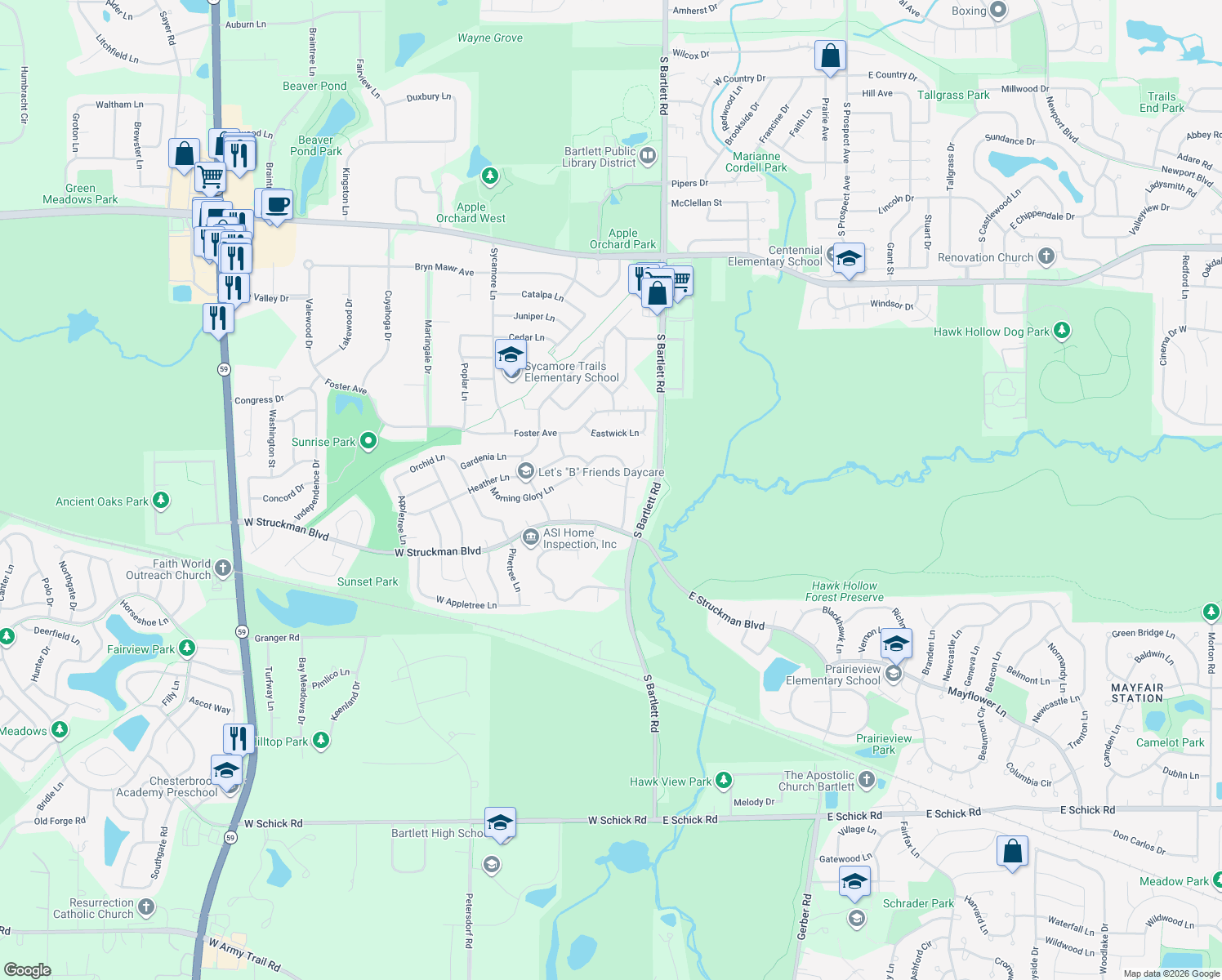 map of restaurants, bars, coffee shops, grocery stores, and more near 1175 Chesapeake Court in Bartlett