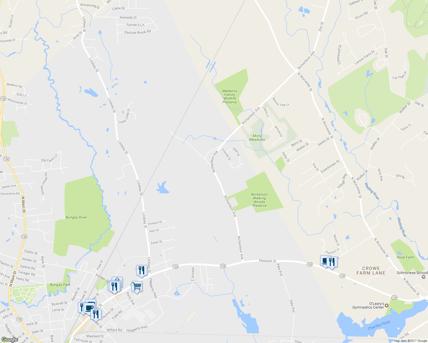 map of restaurants, bars, coffee shops, grocery stores, and more near 329 Richardson Avenue in Attleboro