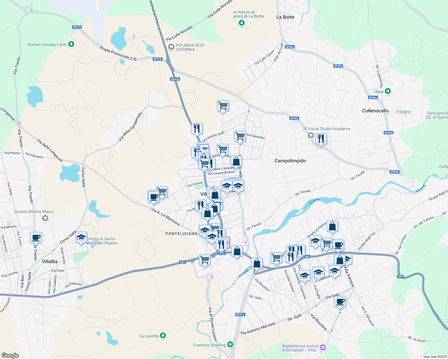 map of restaurants, bars, coffee shops, grocery stores, and more near 33 Via Nazario Sauro in Villanova
