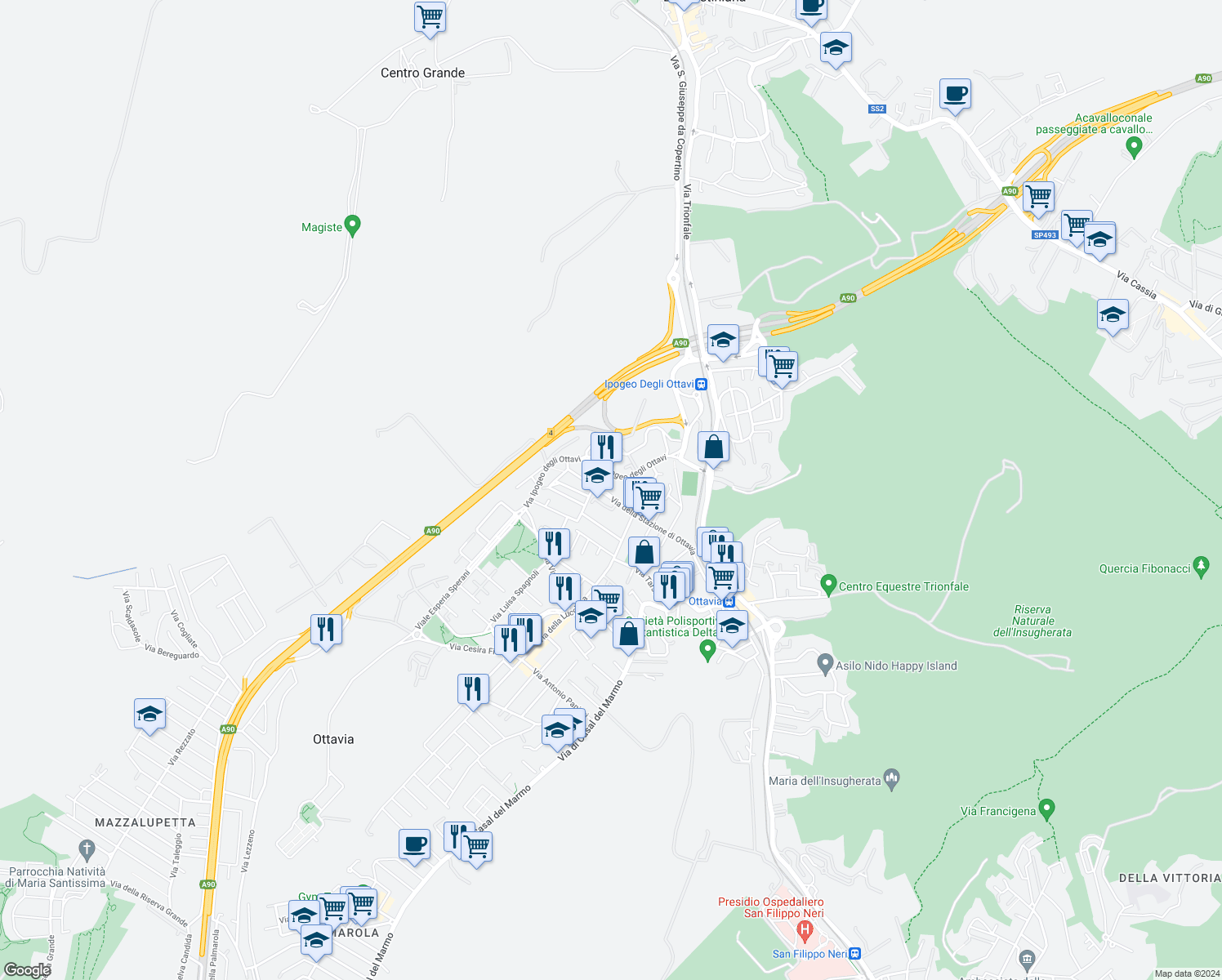 map of restaurants, bars, coffee shops, grocery stores, and more near 107 Via della Stazione di Ottavia in Zona L Ottavia