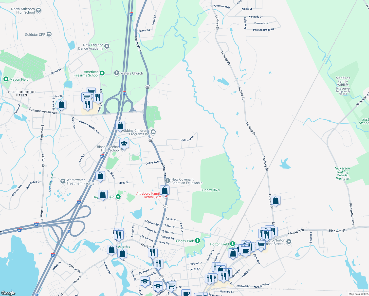 map of restaurants, bars, coffee shops, grocery stores, and more near 77 Wamsutta Rd in Attleboro