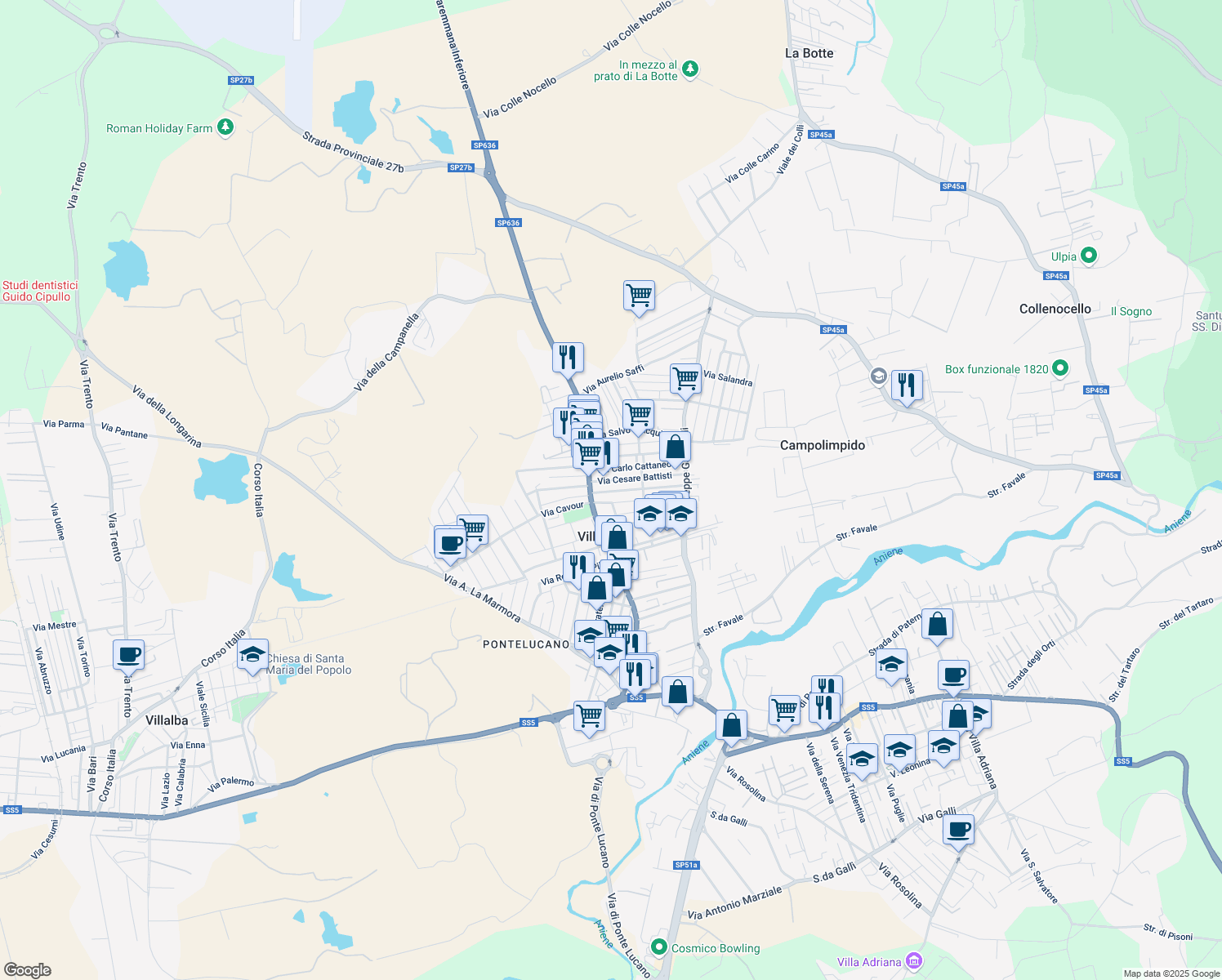 map of restaurants, bars, coffee shops, grocery stores, and more near 32 Via Carlo Cattaneo in Villanova