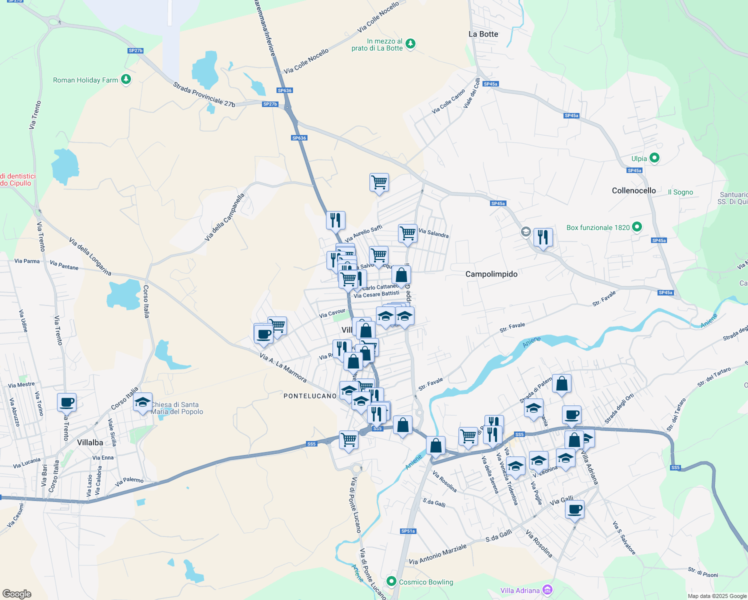 map of restaurants, bars, coffee shops, grocery stores, and more near 32 Via Carlo Cattaneo in Villanova