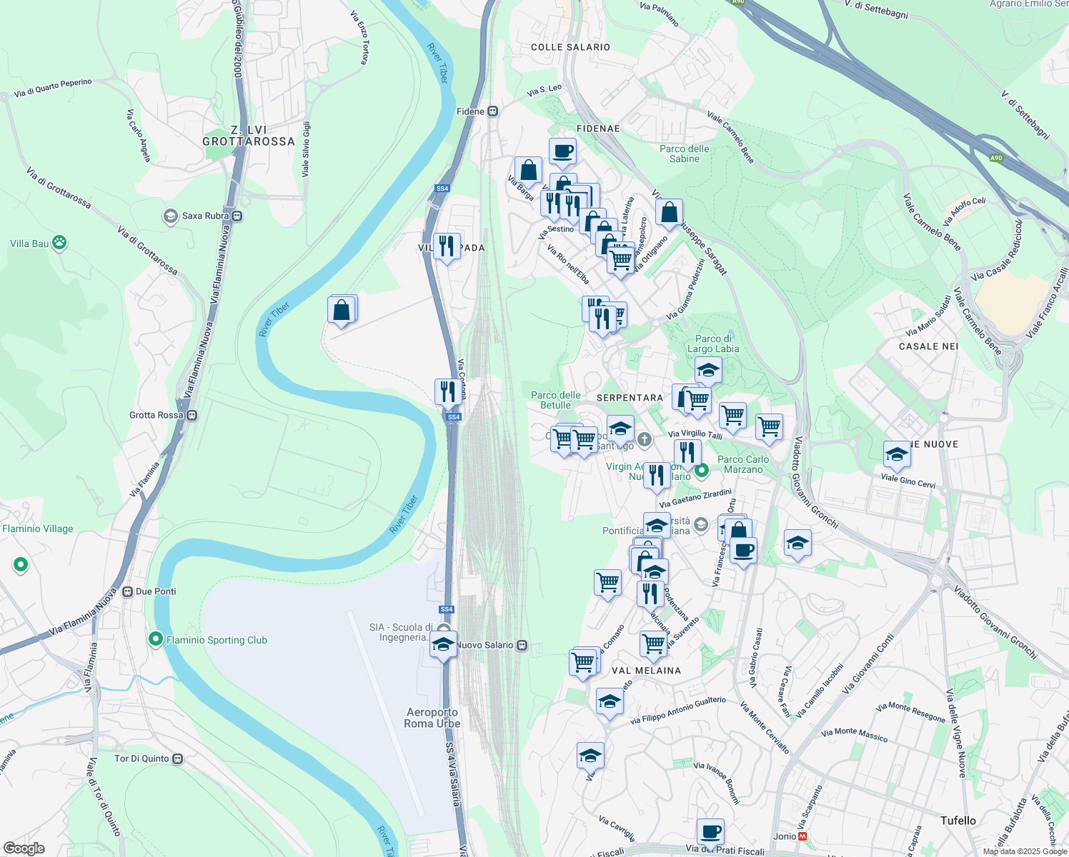 map of restaurants, bars, coffee shops, grocery stores, and more near 50 Via Romano Calò in Roma