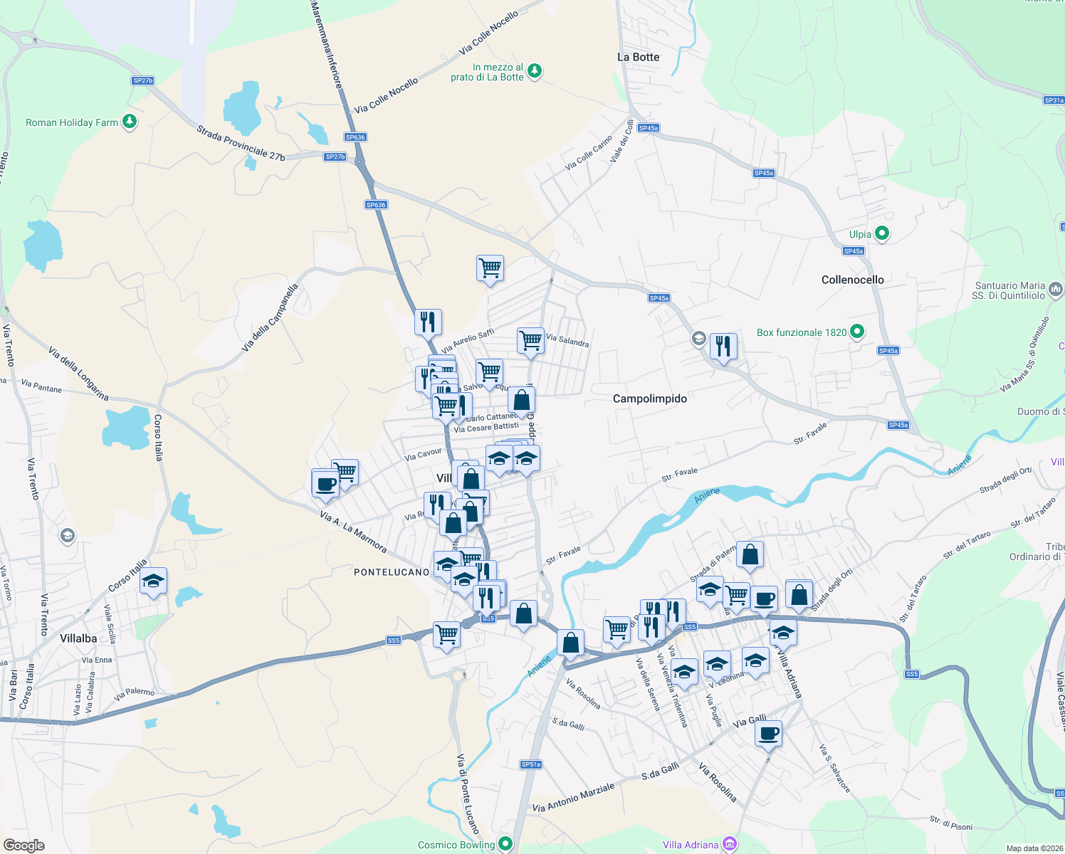 map of restaurants, bars, coffee shops, grocery stores, and more near 82A Via Cesare Battisti in Villanova