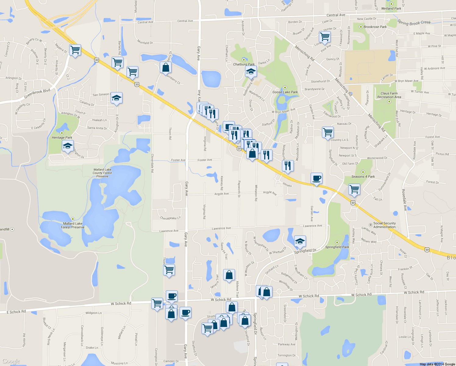 map of restaurants, bars, coffee shops, grocery stores, and more near 6N281 Keeney Road in Roselle