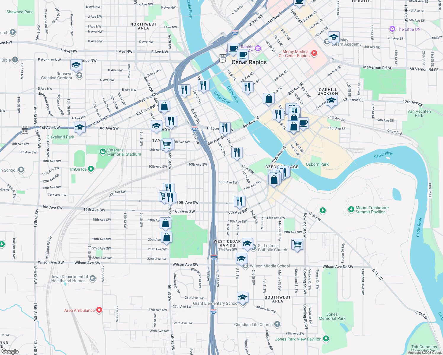 map of restaurants, bars, coffee shops, grocery stores, and more near 1213 3rd Street Southwest in Cedar Rapids