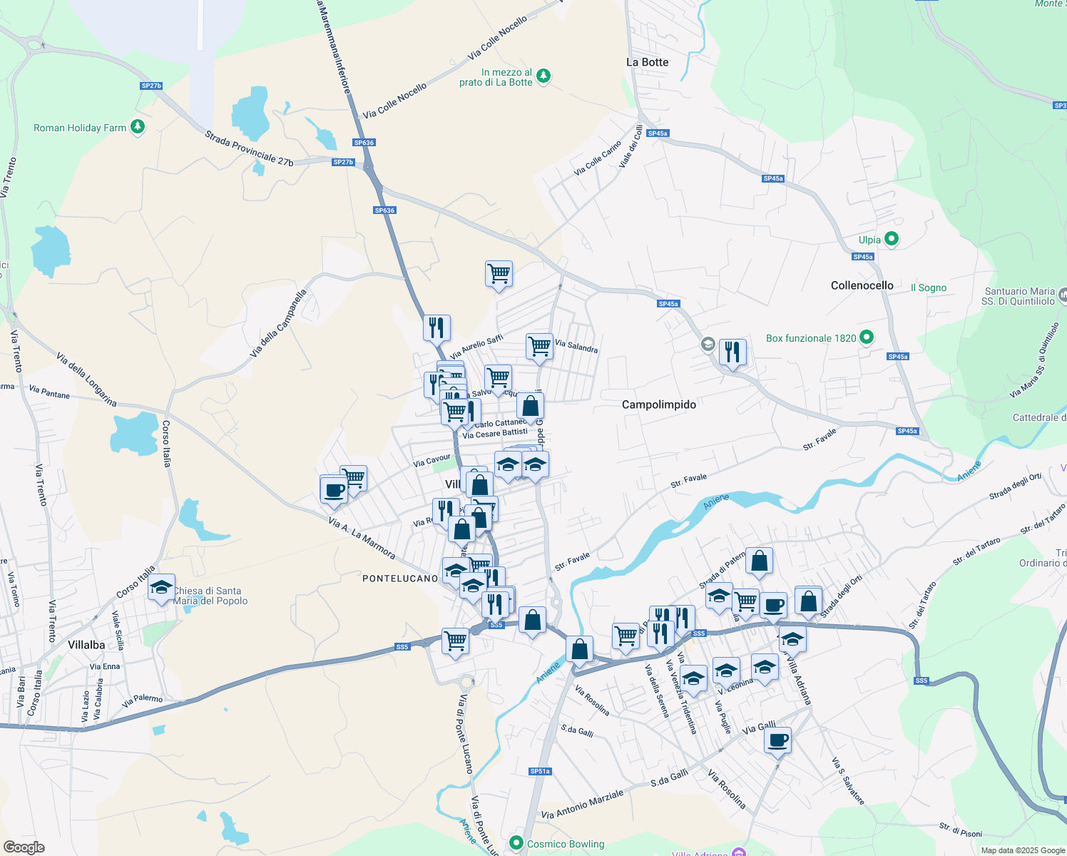 map of restaurants, bars, coffee shops, grocery stores, and more near 82A Via Cesare Battisti in Villanova